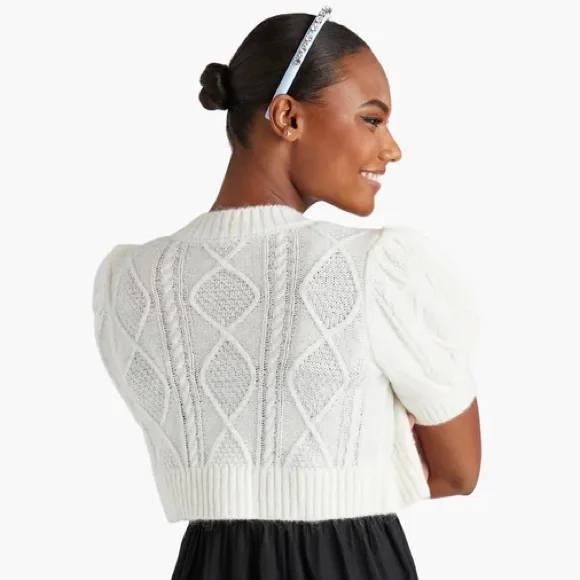 Hill House Ollie Sweater Cardigan Cropped Pearl Buttons Puff Sleeves Small White - Picture 2 of 12